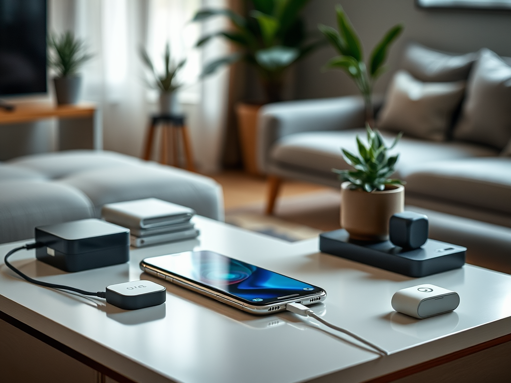 A modern living room scene with a phone, chargers, and plants on a coffee table, offering a cozy atmosphere.