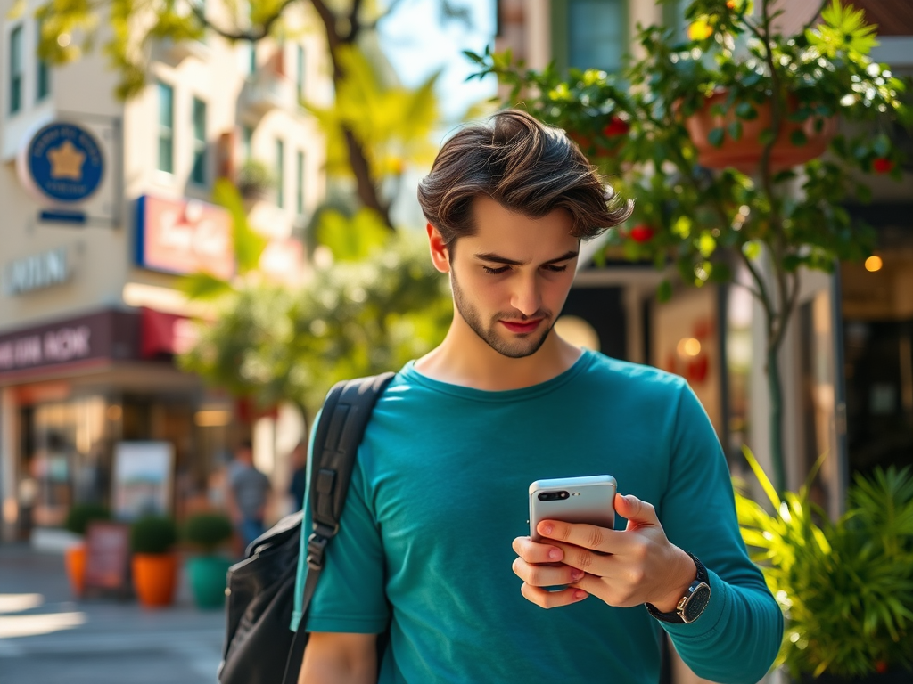 A young man in a teal shirt looks at his phone while standing in a lively outdoor setting with plants and shops.