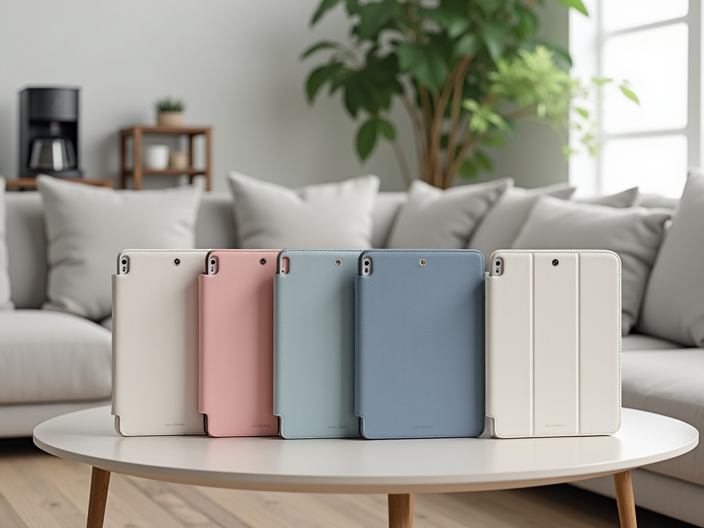 Five tablets with colorful cases on a table in a cozy living room.