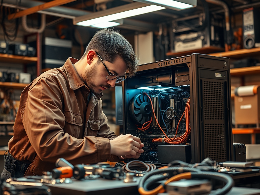 A young man works on assembling a computer, focused on the components inside a PC case with tools around him.