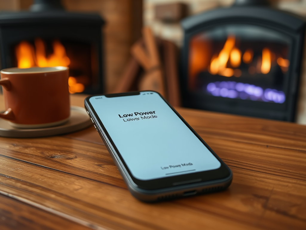 A smartphone displaying "Low Power Mode" sits on a wooden table near a cup and a cozy fireplace.