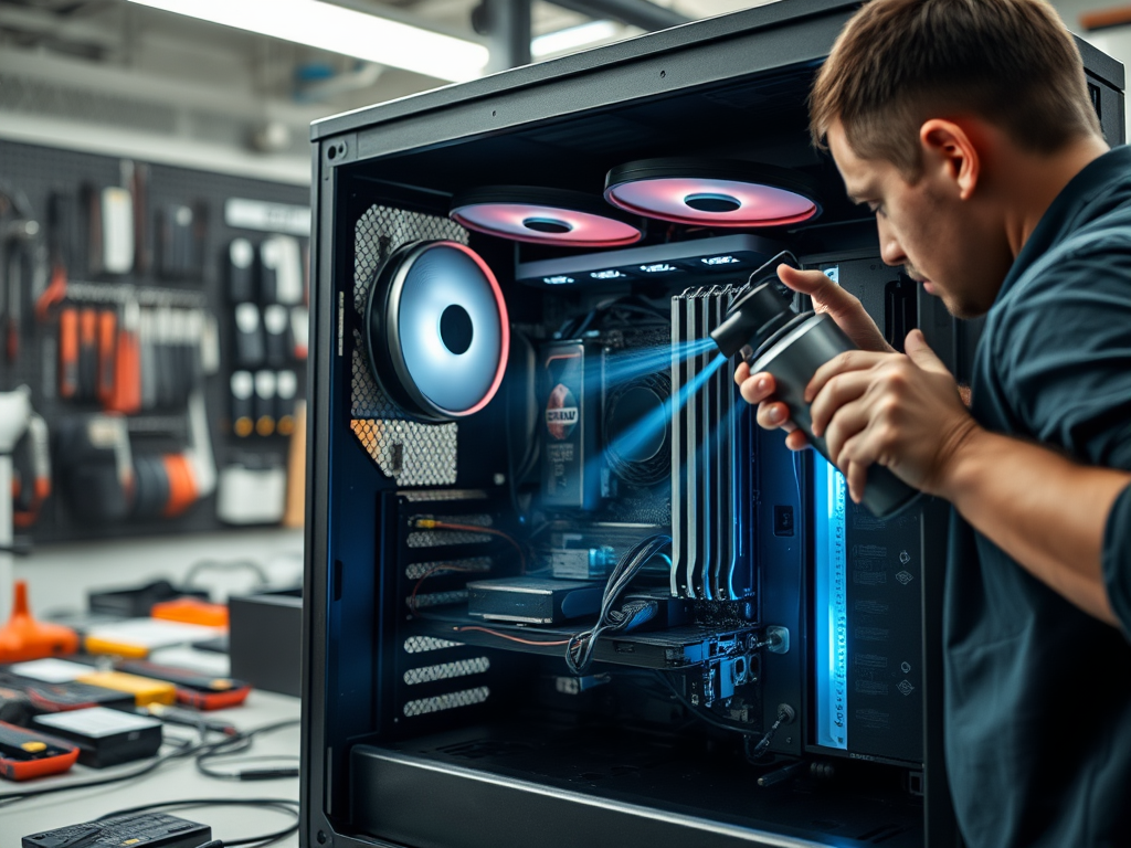 A person sprays cleaning solution into a computer case, focusing on its components in a tech workshop setting.