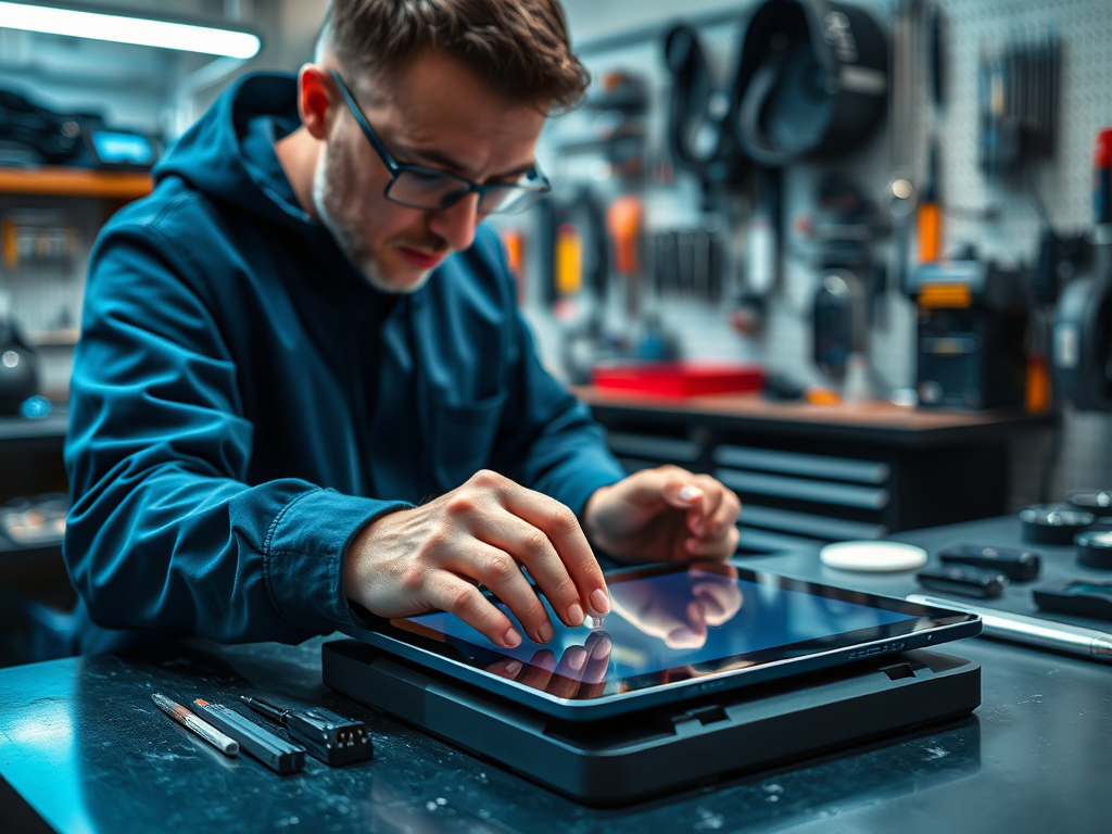 A technician examines a tablet closely while working in a tool-filled workshop. Tools and equipment are visible in the background.
