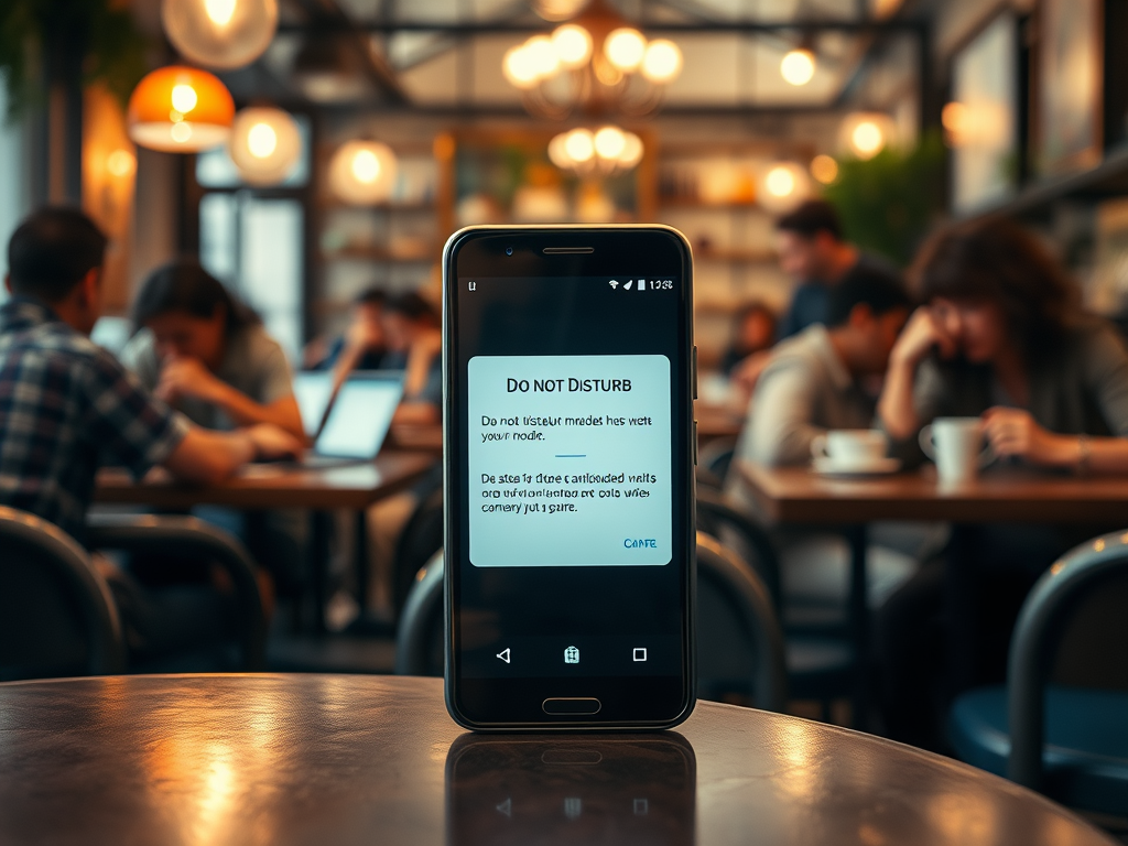 A smartphone on a table displays a "Do Not Disturb" message in a busy café, with people in the background.