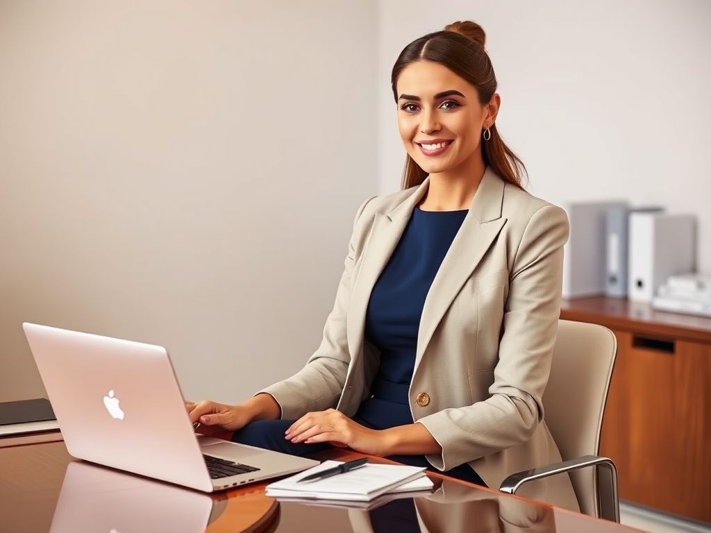 A smiling woman in a blazer sits at a desk with a laptop, looking ready for work in a modern office setting.