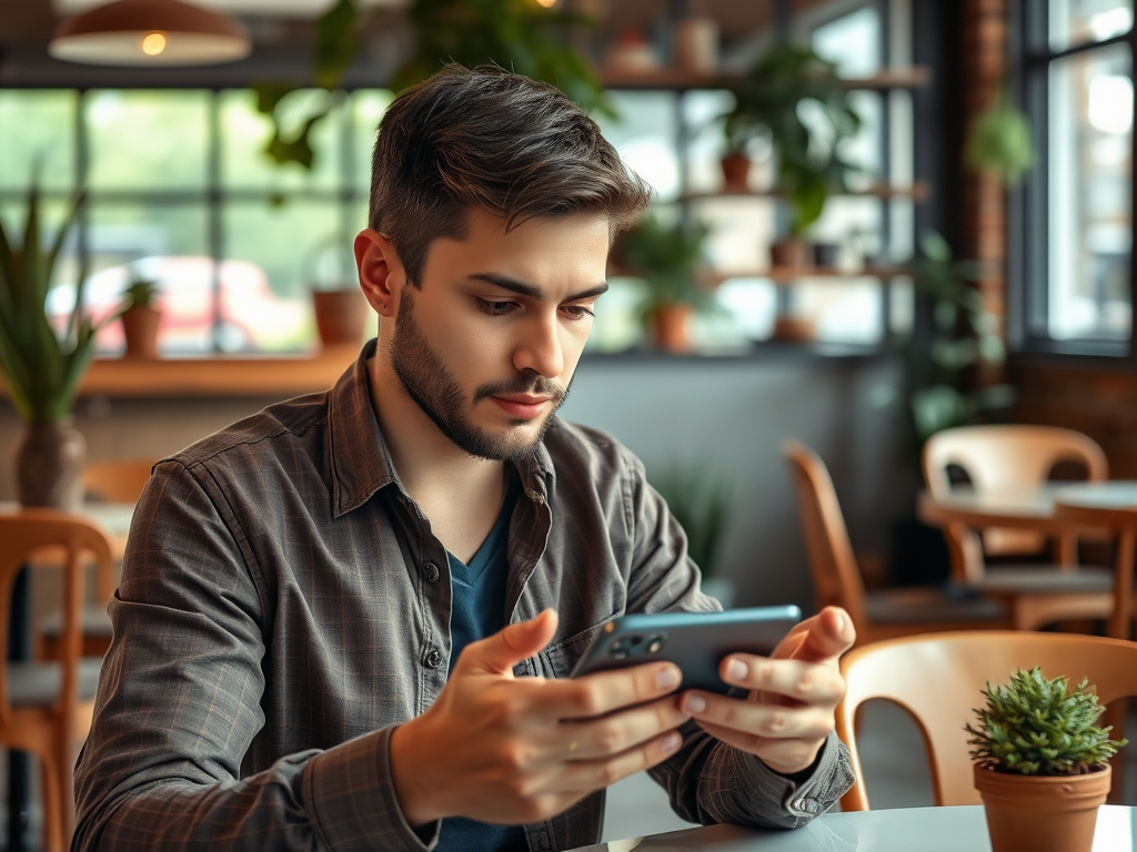 A young man in a café sits at a table, focused on his smartphone, with plants in the background.