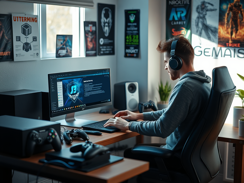 A person in a hoodie wears headphones and works on a computer in a gaming setup surrounded by posters and equipment.