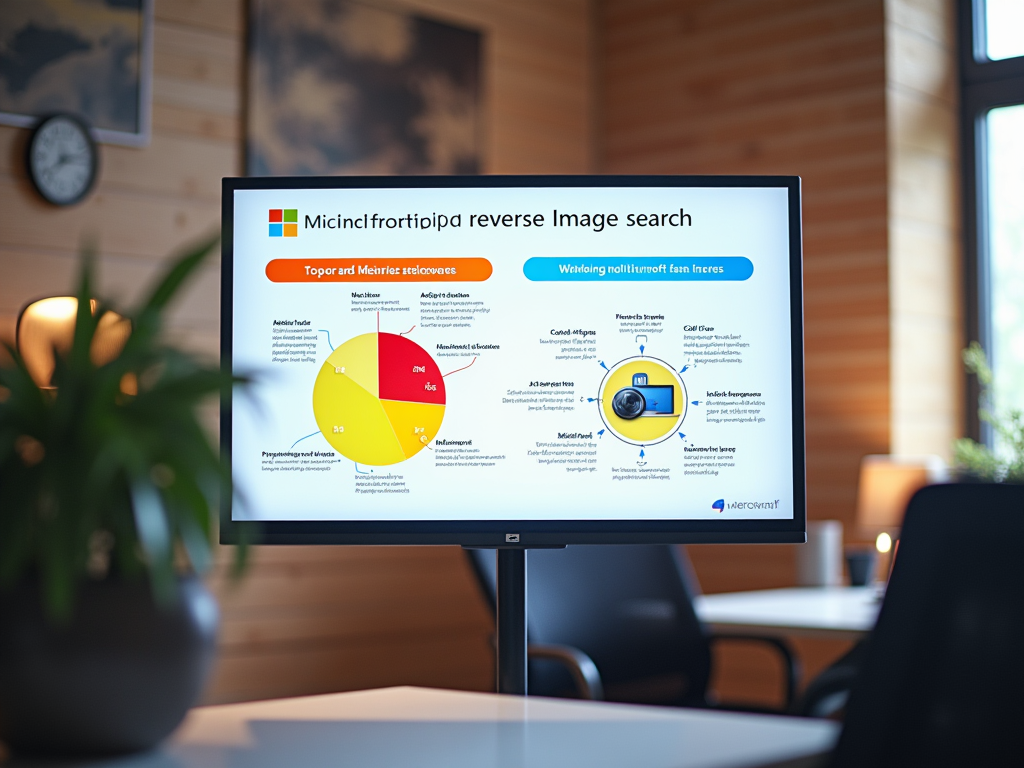 Modern office with a presentation on a screen displaying colorful graphs and information on reverse image search.