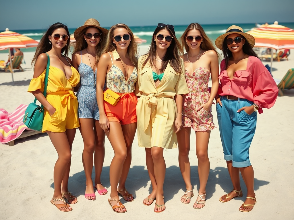 A group of six stylish women in colorful outfits poses together on a sunny beach, with umbrellas and ocean in the background.