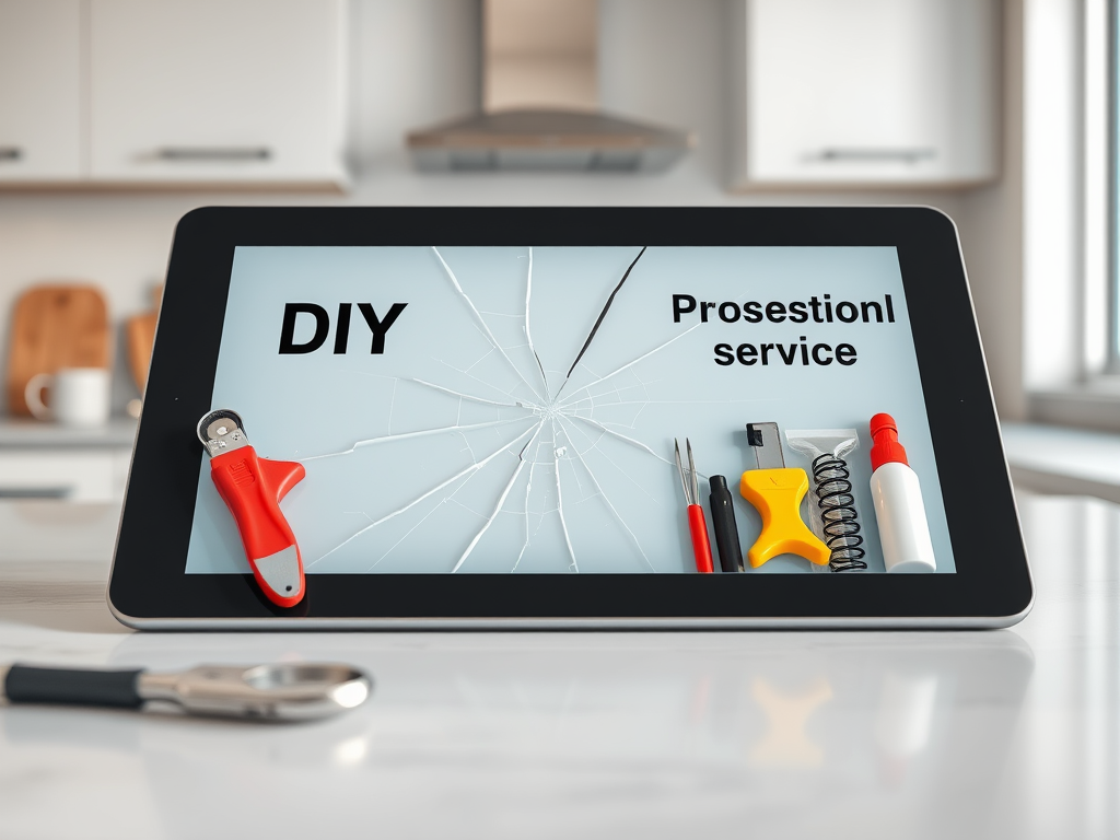A tablet displaying "DIY" and "Prosesitonal service" with tools around a cracked screen in a kitchen setting.