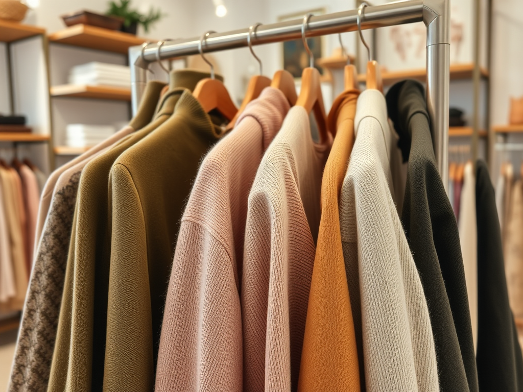 A rack displaying various sweaters in soft colors, including pink, olive green, cream, and black.