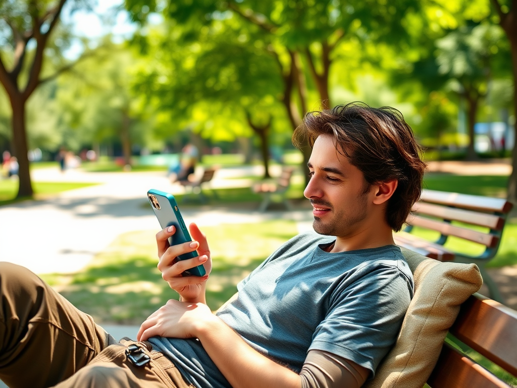 A young man sits on a park bench, smiling while looking at his phone in a sunlit, green setting.