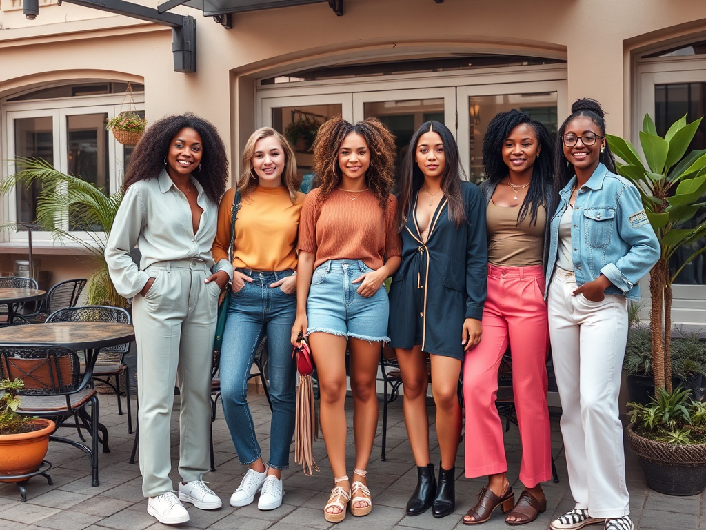 A group of six stylish women poses together outdoors, showcasing diverse outfits and smiles in a cozy setting.