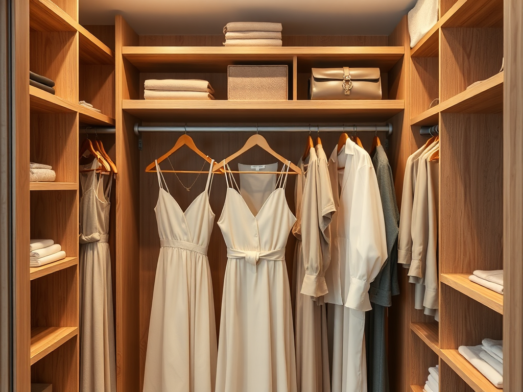 A neatly organized closet with light-colored dresses, shirts, and neatly stacked towels on wooden shelves.