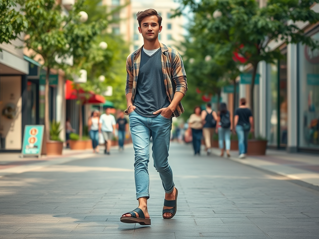 A young man walks confidently down a shopping street, wearing casual clothes and sandals, surrounded by other shoppers.