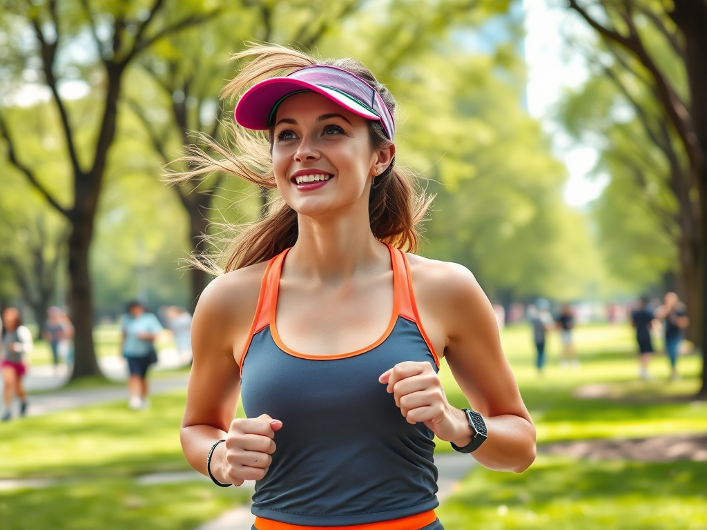 A young woman runs joyfully in a park, wearing a bright tank top and a visor, with trees and people in the background.