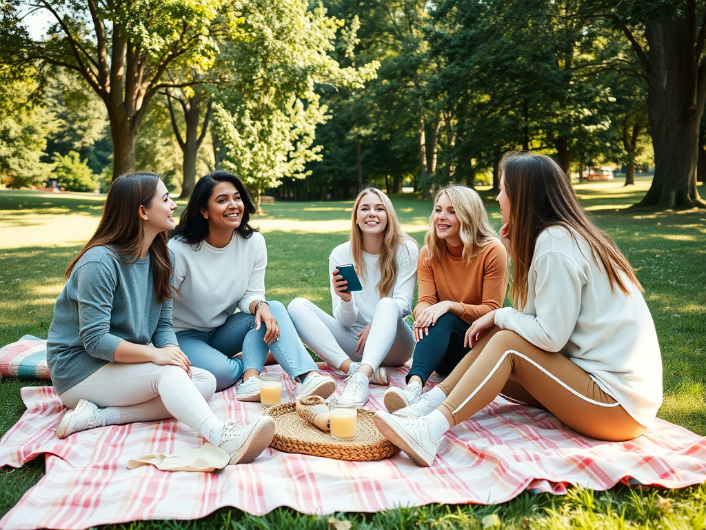 A group of five women enjoying a picnic on a blanket in a sunny park, laughing and sharing drinks.