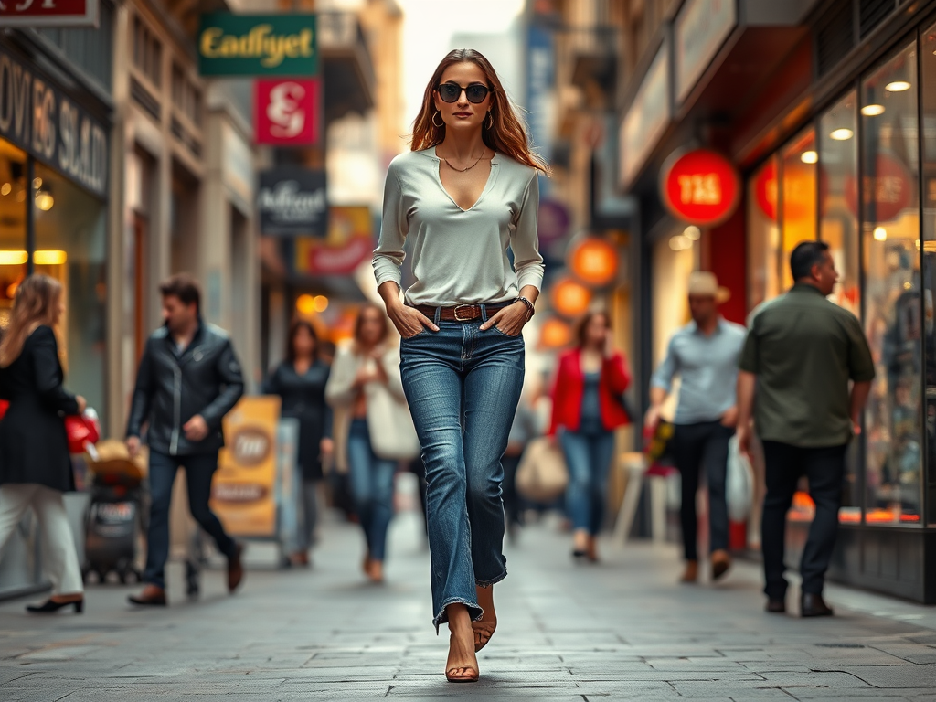 A stylish woman walks confidently down a busy shopping street, surrounded by people and colorful storefronts.