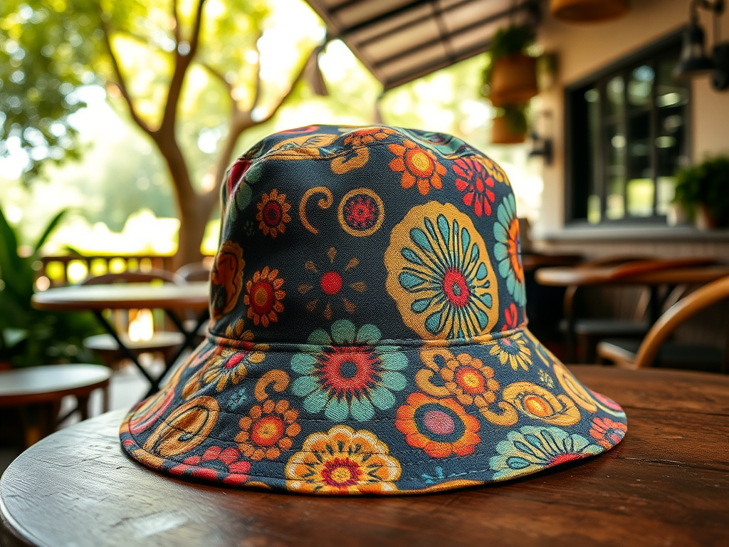 A colorful floral-patterned bucket hat resting on a wooden table in a cafe setting with greenery in the background.