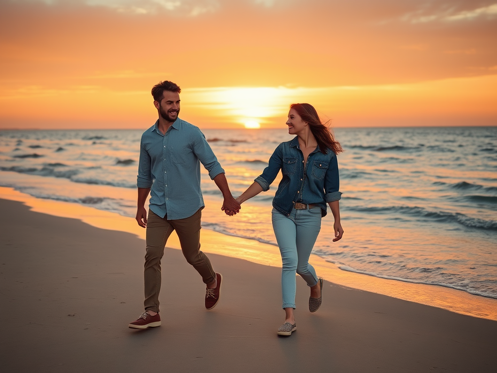 A couple walks hand in hand along a beach at sunset, with waves gently lapping at the shore.